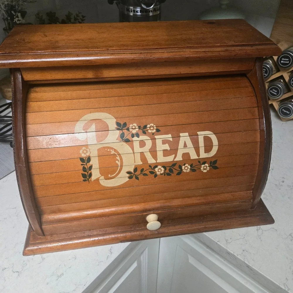 Vtg 70s Wood Roll Top Bread Box Country Farmhouse Cottage Floral 18x11.5x11 VGC
